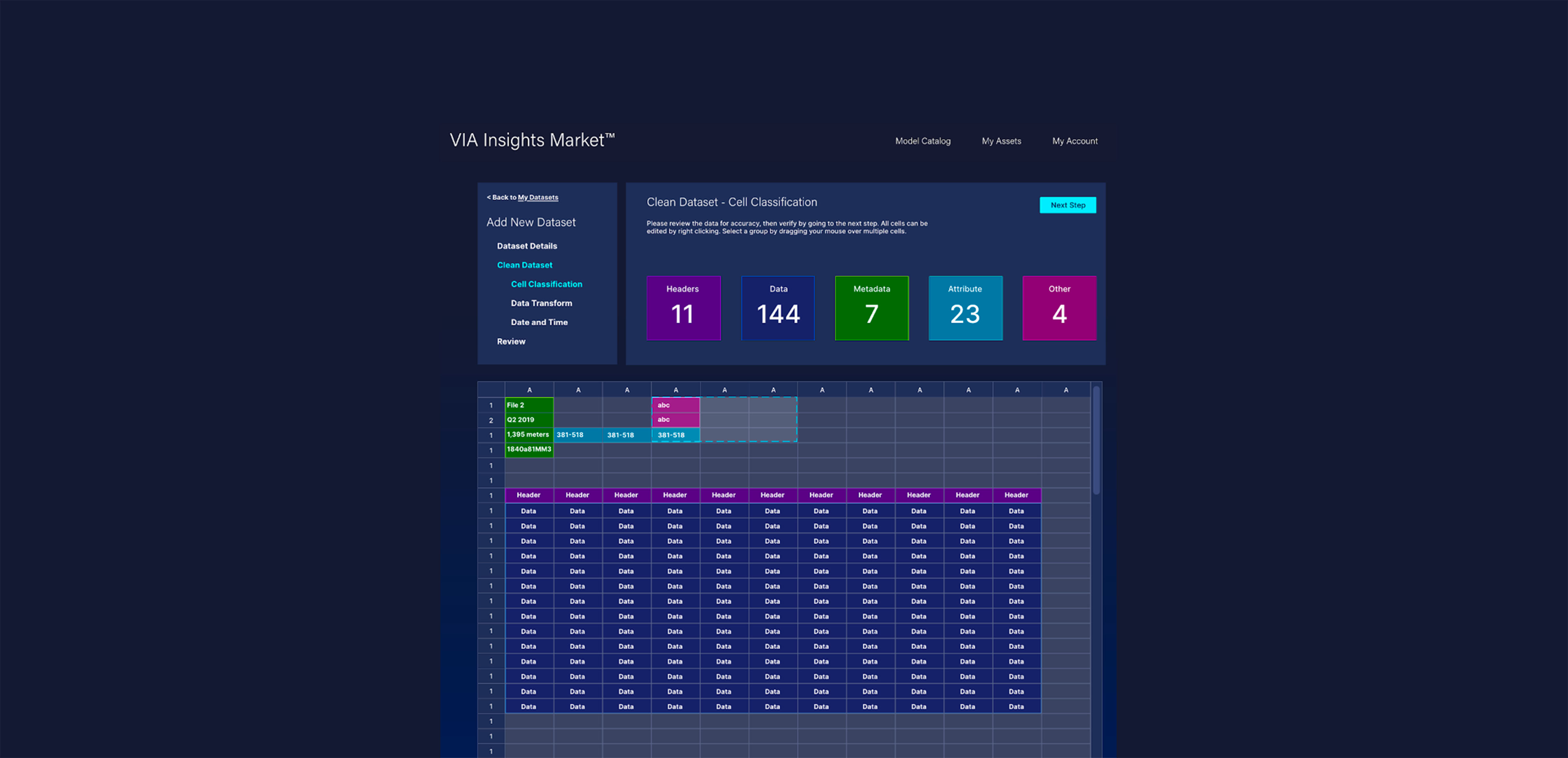 gráficos en software con cuadrados violeta, azul, verde, azul claro, lila